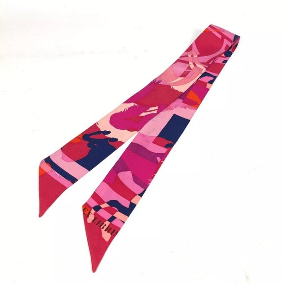 HERMES Horse Cheval Horse Twilly Twilly BandeauScarf Scarf silk pink/Navy - Picture 1 of 11